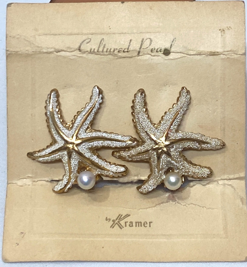 Vintage Kramer Starfish Sealife Earrings Real Pearl Gold Tone